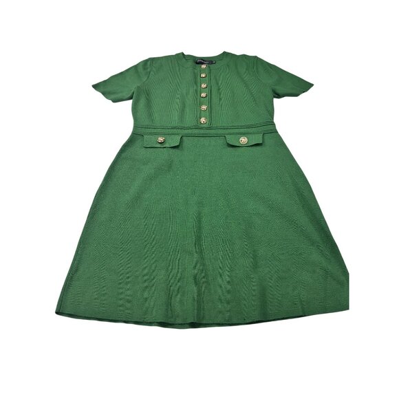 Merokeety Green Short-Sleeve Knee-Length Dress With Gold Button Accents Ribbed D - Picture 4 of 12